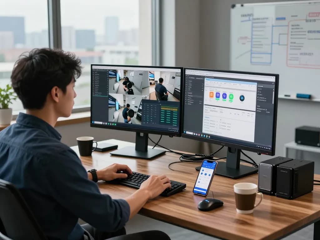 Verwaltung von Sicherheitssystemen mit der Synology Surveillance Station in einem modernen Technologie-Arbeitsbereich.