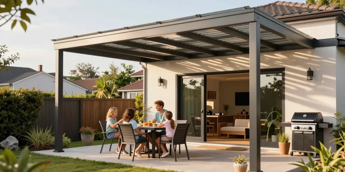 Terrassenüberdachungen aus Aluminium schützen die Familie vor Sonne und Regen auf einer einladenden Terrasse.