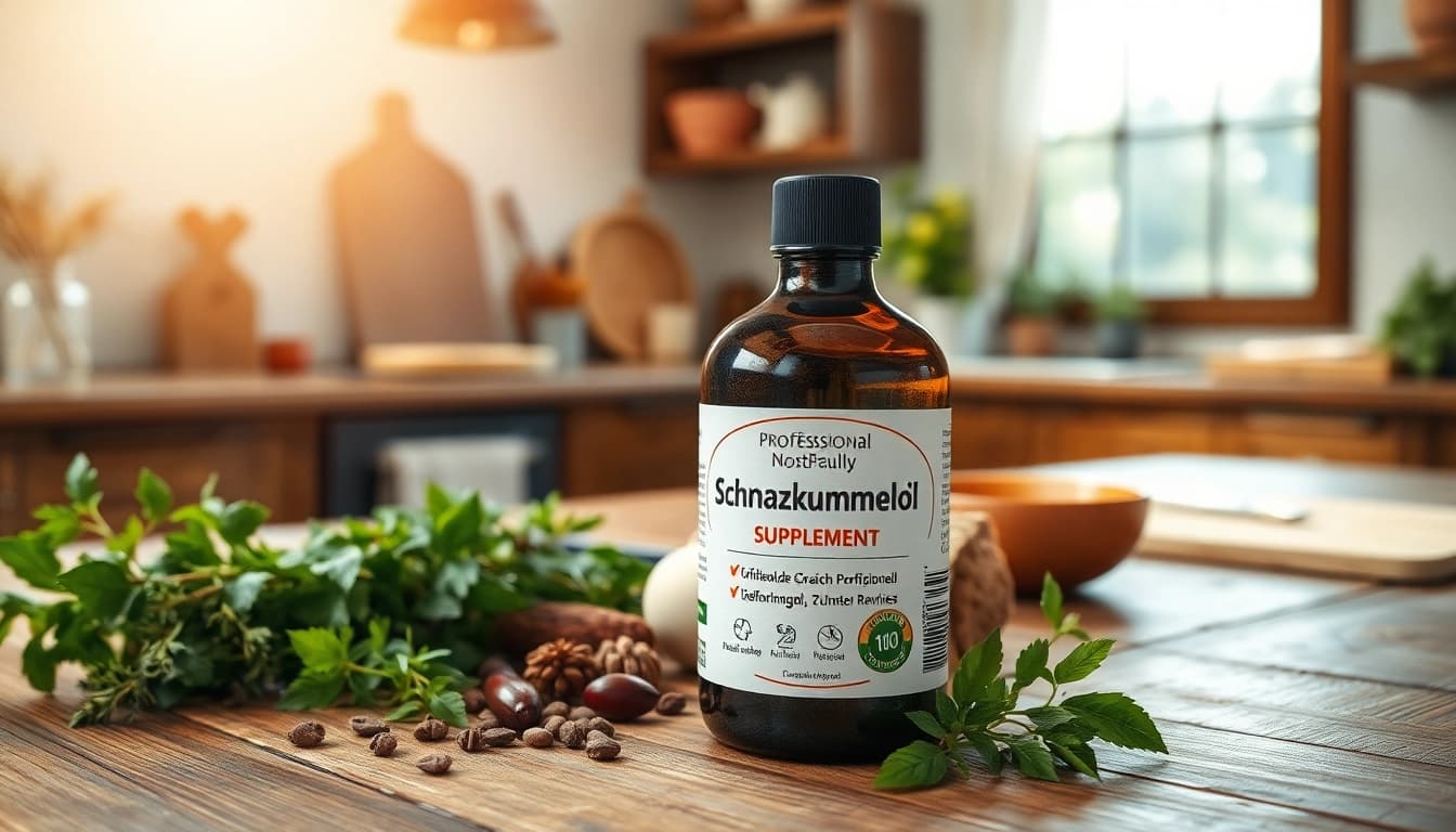 Schwarzkümmelöl Supplement in a bottle surrounded by herbs.