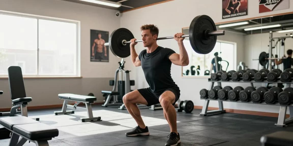 Anabolika Shop: Athlet im Fitnessstudio beim Gewichtheben, umgeben von Trainingsgeräten und motivierenden Postern.