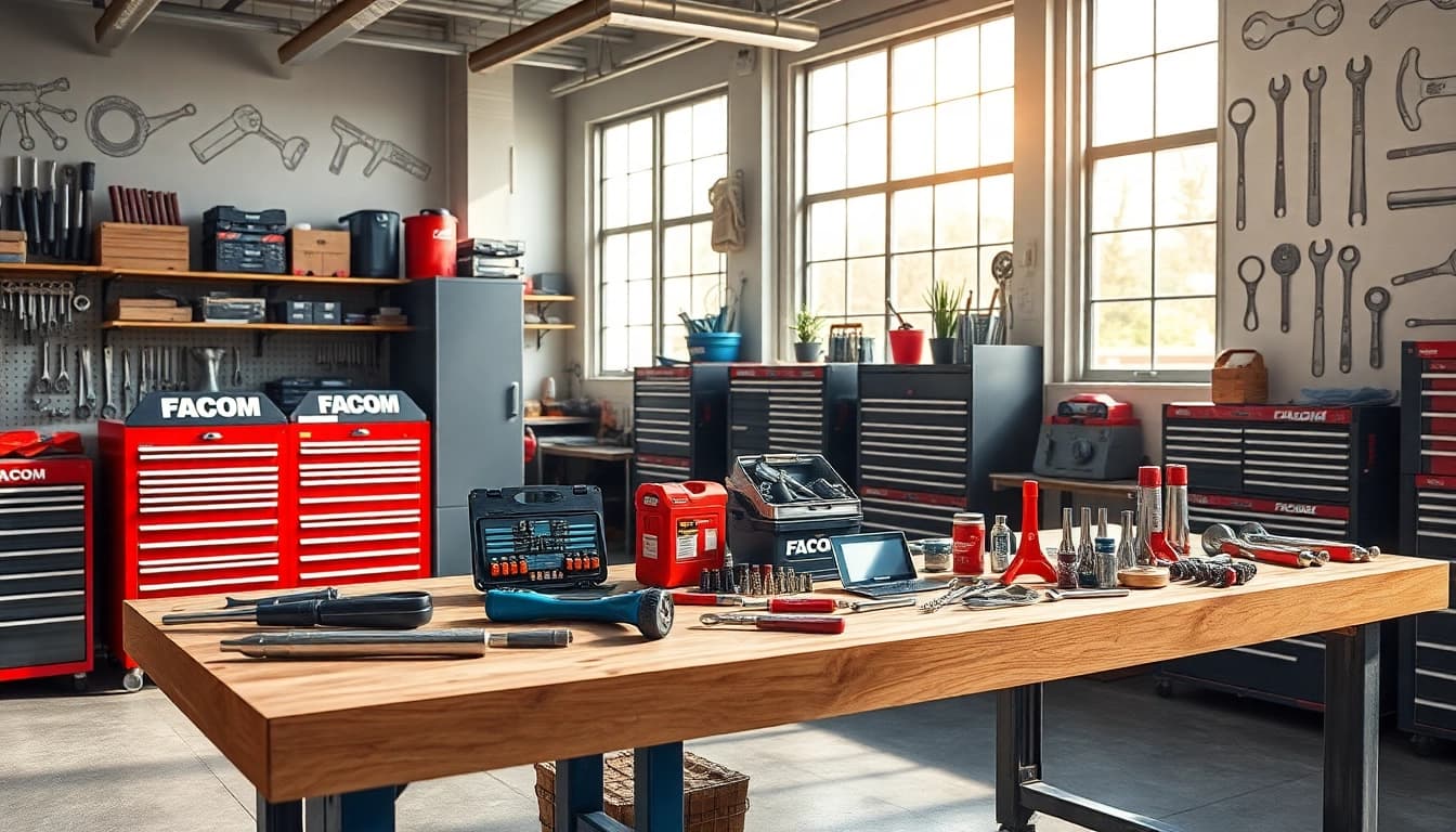 Hochwertige FACOM werkzeuge in einer professionellen Mechanikerwerkstatt ausgestellt.