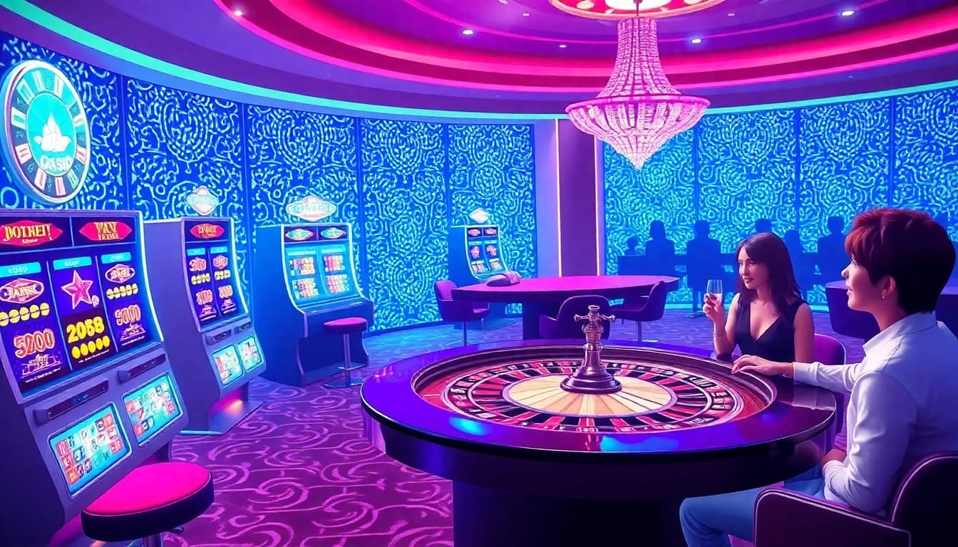 Erlebe spannende Spiele in einem Casino ohne Oasis, voll von leuchtenden Spielautomaten und aktiven Spielern.