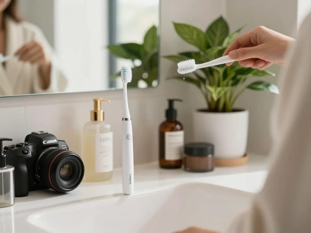 Laifen Zahnbürste in einer modernen Badezimmer-Szene, die Luxus und Selbstpflegetrends zeigt.