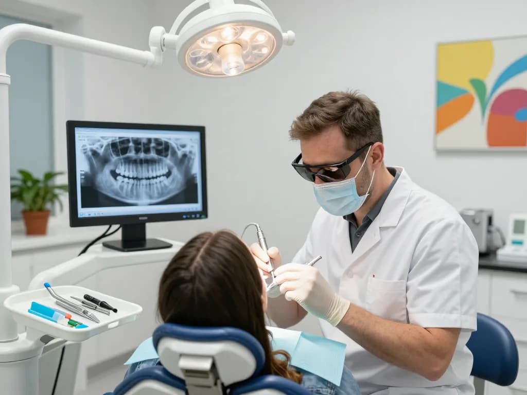 Zahnfüllung Wien Verfahren in einer modernen Zahnarztpraxis mit einem entspannten Patienten.