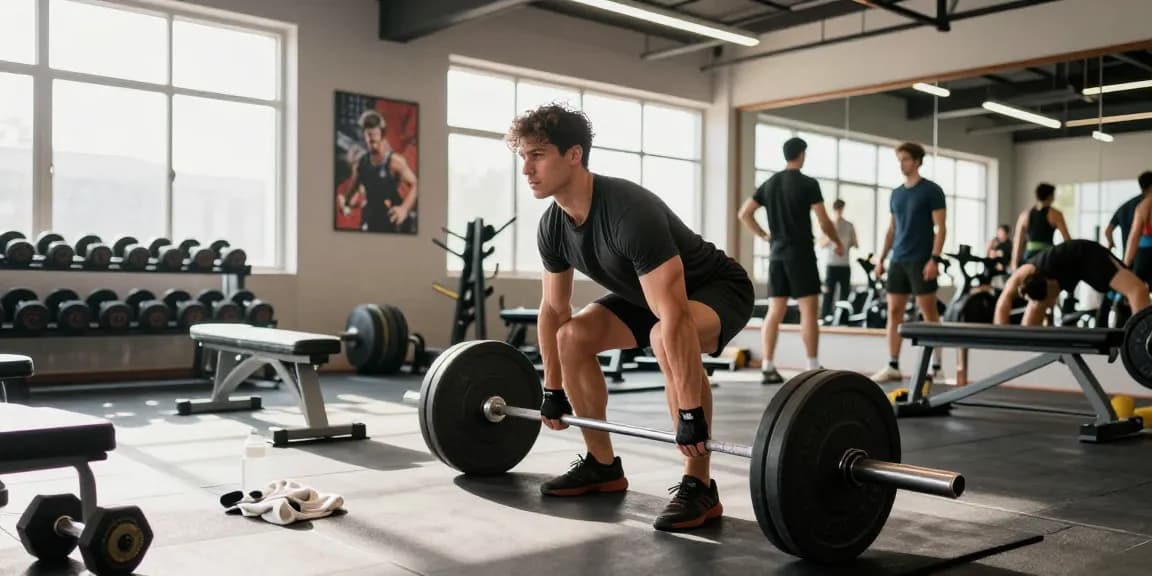 Muskulöser Athlet hebt Gewichte im Fitnessstudio von Steroidshop und zeigt Hingabe und Stärke.