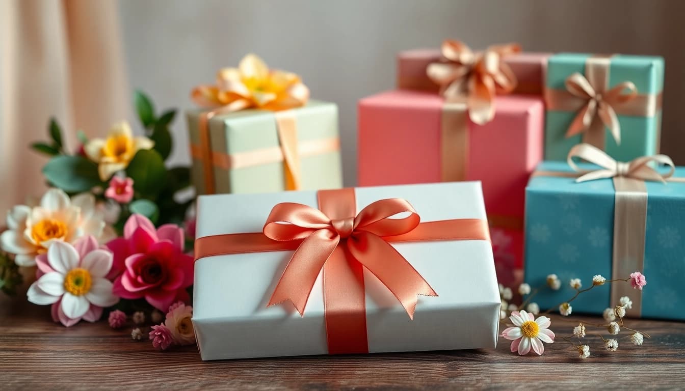 Präsentation von Geschenkboxen mit eleganten Ribbons und Blumen zur Feier.