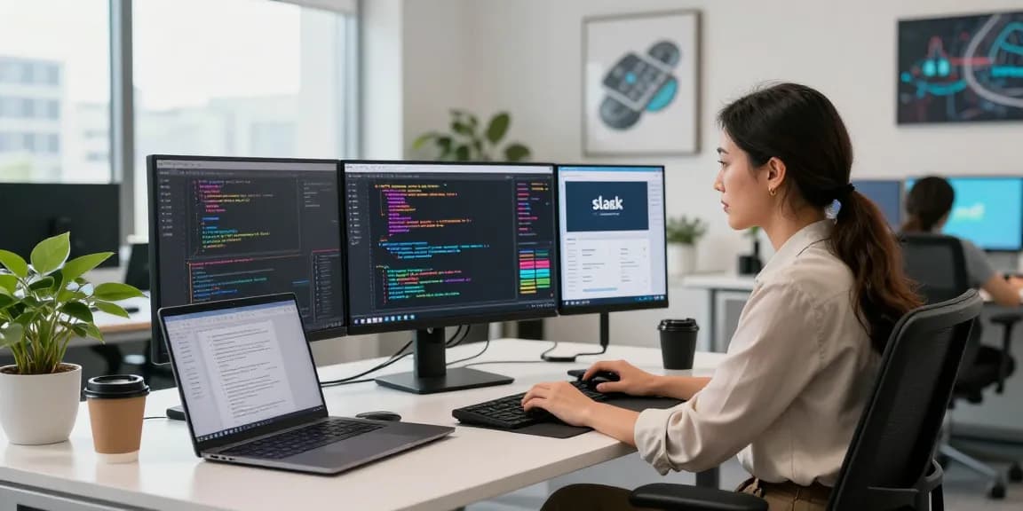Windows 11 Systemsoftware für Unternehmen bei der Entwicklung in modernem Büro mit Codes auf Bildschirmen