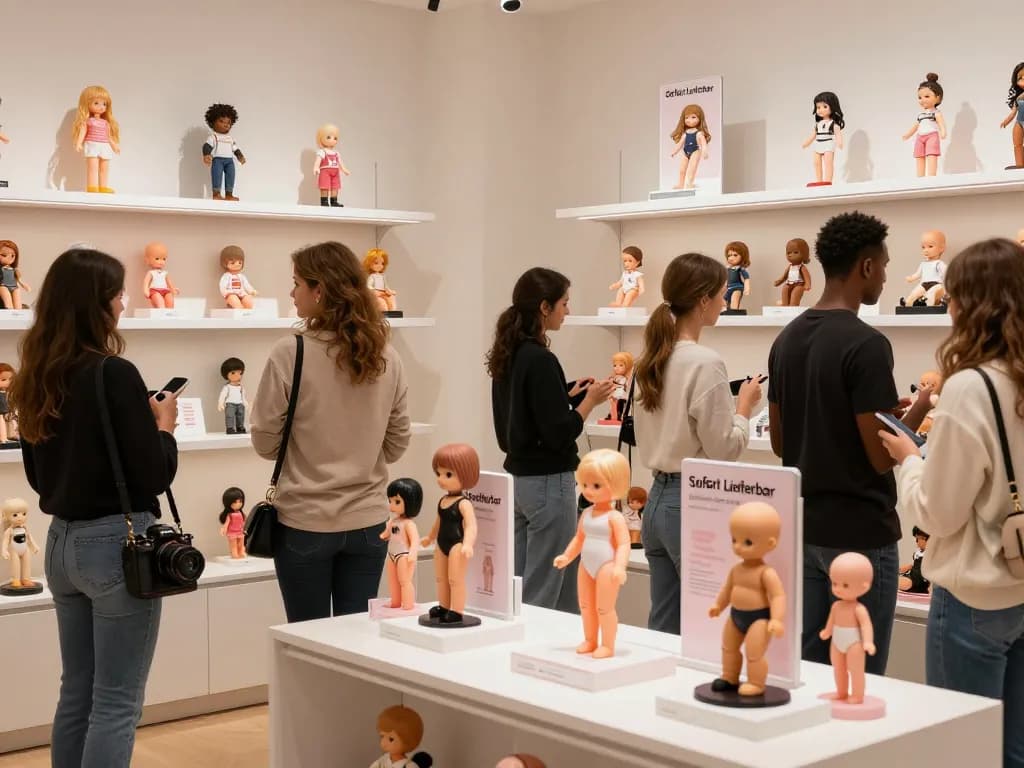 Stilvolle Verkaufsanzeige von Sofort Lieferbar Sexpuppen mit engagierten Kunden in einladender Atmosphäre.