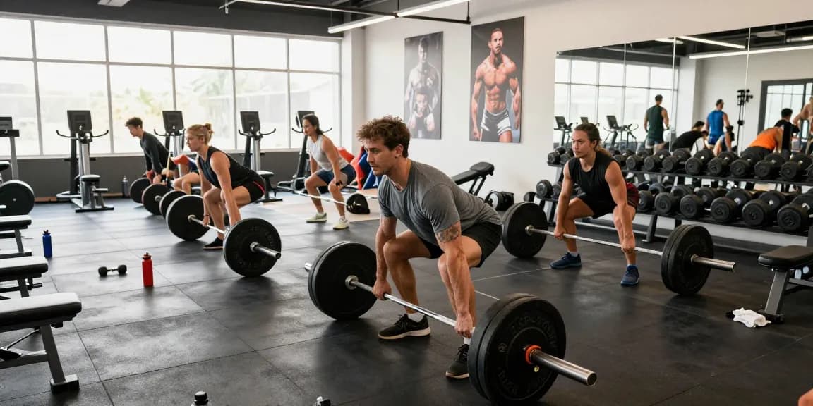 Anabolika Shop Deutschland - Engagierte Gruppe von Bodybuildern, die in einem lebhaften Fitnessstudio trainiert, wobei die Energie und Hingabe von Fitnessbegeisterten gezeigt wird.