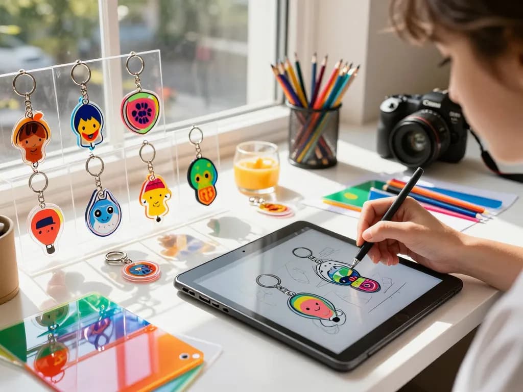 Colorful acryl schlüsselanhänger displayed in a creative workspace, highlighting personalized design.