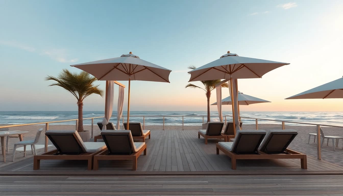 Genießen Sie den wunderschönen Ausblick auf einen Coastal Cabana am Strand mit stilvollen Liegen und Sonnenschirmen.