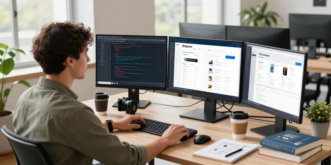 Freelancer bei SP Webconsulting, der einen Shopware-Onlineshop in einem hellen Arbeitsbereich entwickelt.