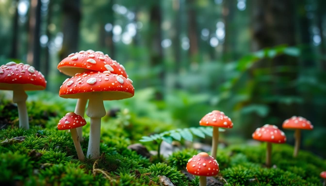 Fliegenpilz kaufen: Hochwertige und leuchtende Fliegenpilze in einem Waldambiente.