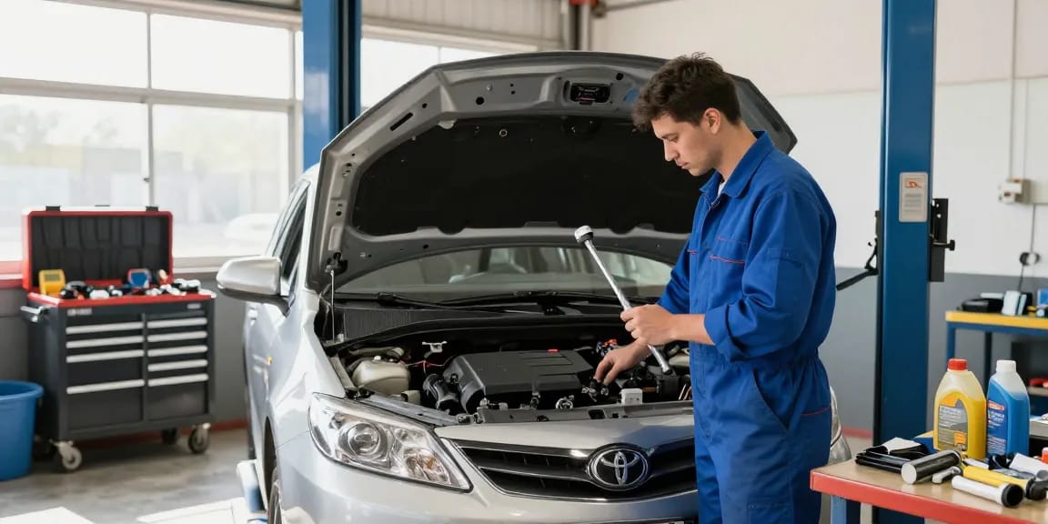 Toyota Verso wird in einer professionellen Werkstatt gewartet und zeigt die Automobilwartung.
