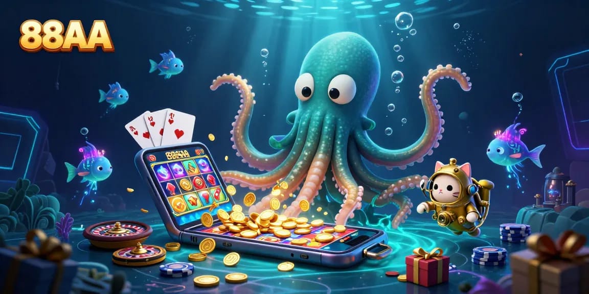 Experience 88AA's thrilling gaming world with the kraken, diving cat, and underwater slot adventures.
