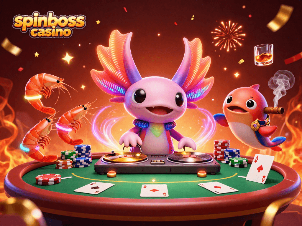 Spiele im spinboss casino: Ein neonfarbener Axolotl DJ mit tanzenden Garnelen und einem Beatbox-Blowfish, umgeben von Poker-Elementen.