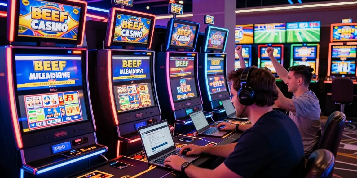 Beef Casino Spieler genießen spannende Slots und Live-Dealer-Spiele in einer lebhaften Atmosphäre.
