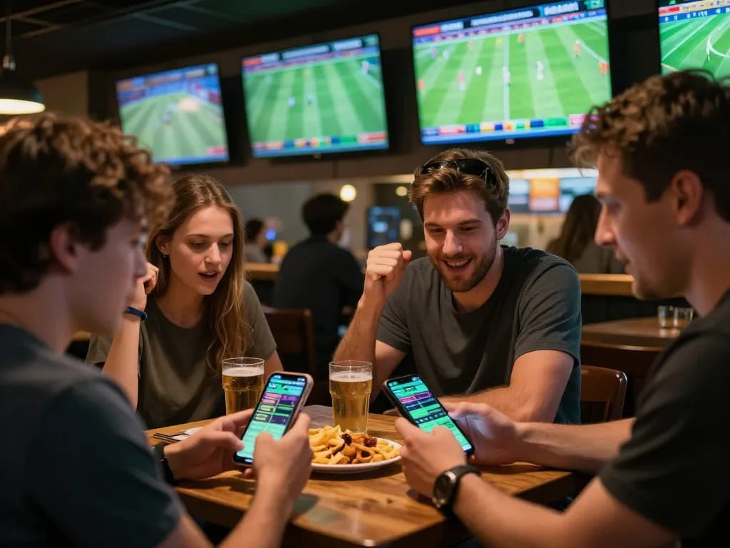 Betting on แทงบอล in a lively sports bar with multiple screens showing matches