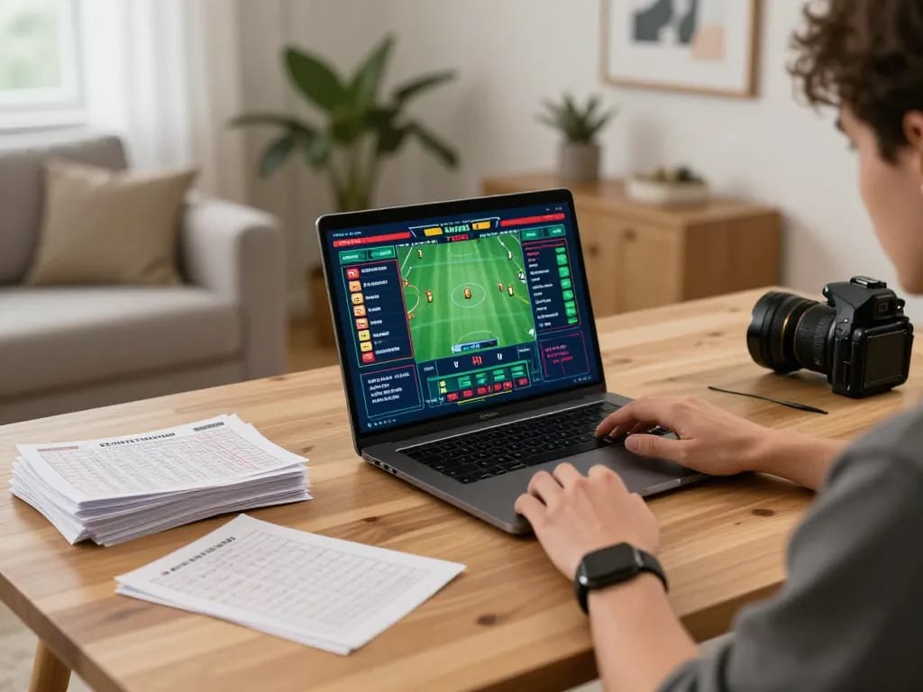 Player using a laptop for online betting, showcasing Staubbindematte für staubfreie Produktion strategy notes.