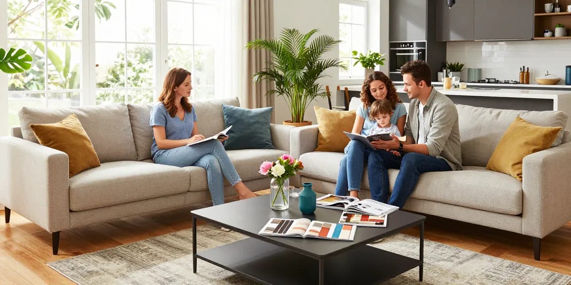 Wunderschön eingerichtete Wohnzimmer-Szene, die Optionen zum wohnmöbel online kaufen zeigt, mit eleganten Sofas und einem stilvollen Couchtisch sowie einer Familie, die gemeinsame Zeit genießt.