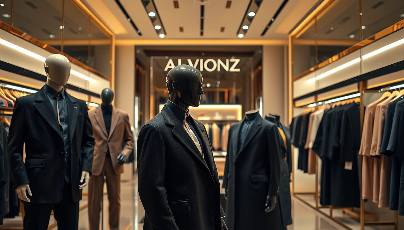 Alvionz showcases exclusive luxury fashion collections in a stylish store display.