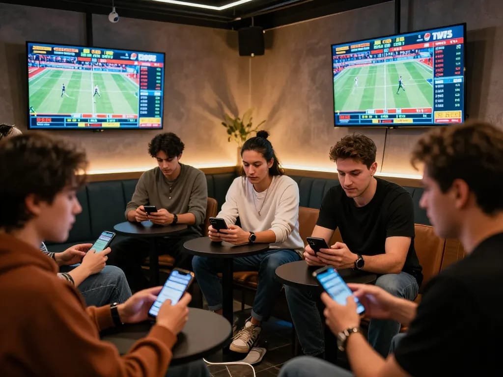 Betting on QQ88 platform with friends excitedly placing wagers on live sports events