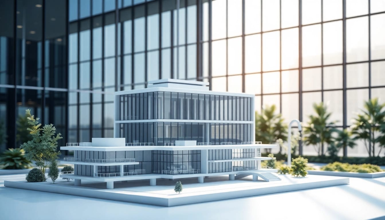 3d visualisierung eines architektonischen Modells in einem modernen Bürobereich