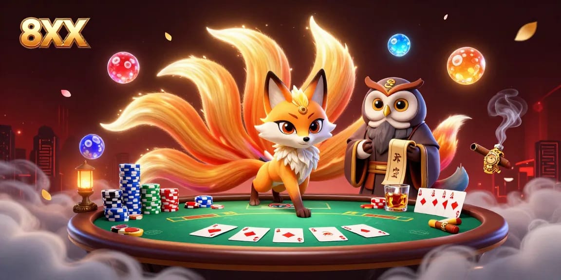 Engage in winning strategies at 8XX casino with a mystical 3D scene full of vibrant gambling elements.