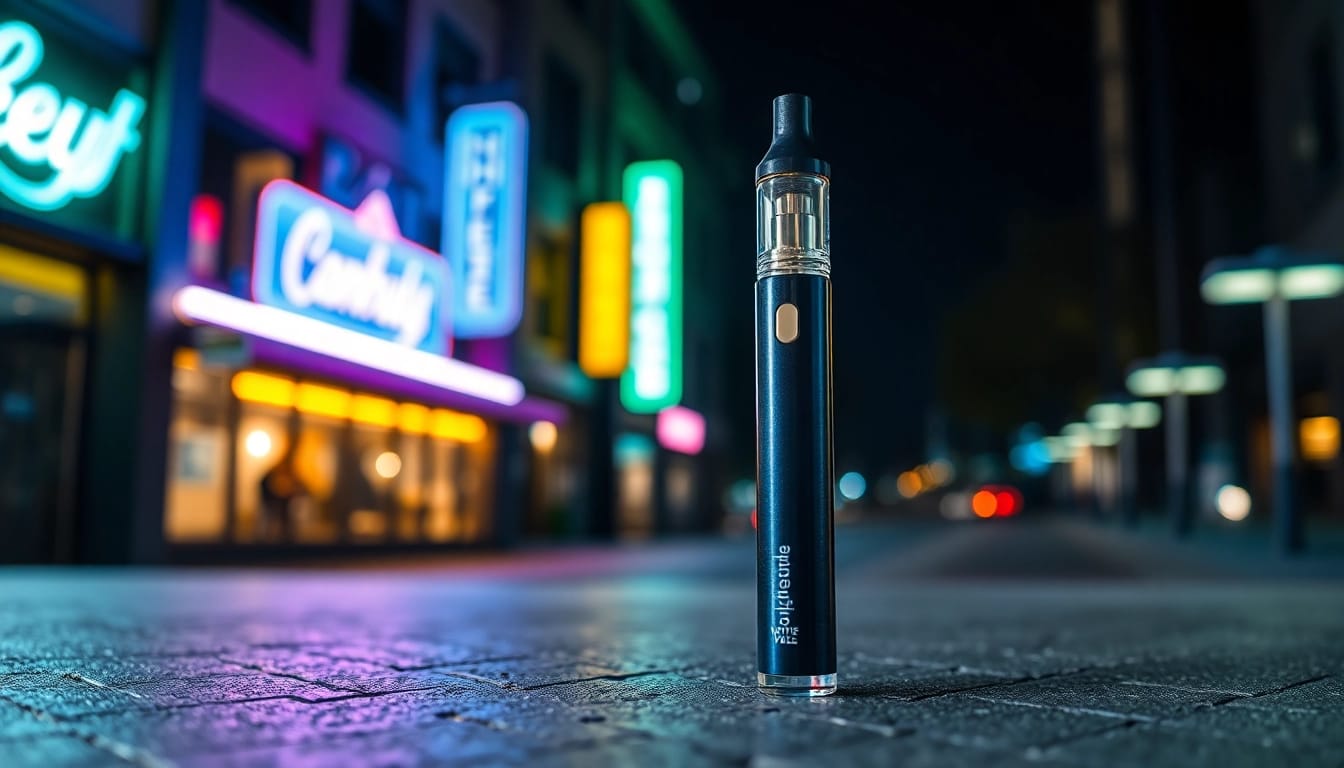 Elevate your experience with geekthc's high-quality disposable vape devices showcased vibrant urban backdrop.