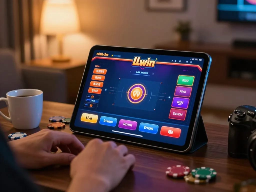Engaging online gaming scene showcasing nhà cái LLwin's live dealer interface on a tablet, with casino chips ready for betting.