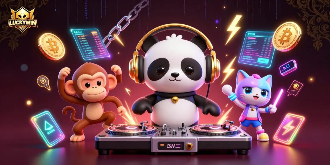 LUCKYWIN features a DJ panda spinning roulette wheels, enhancing the online gaming experience.