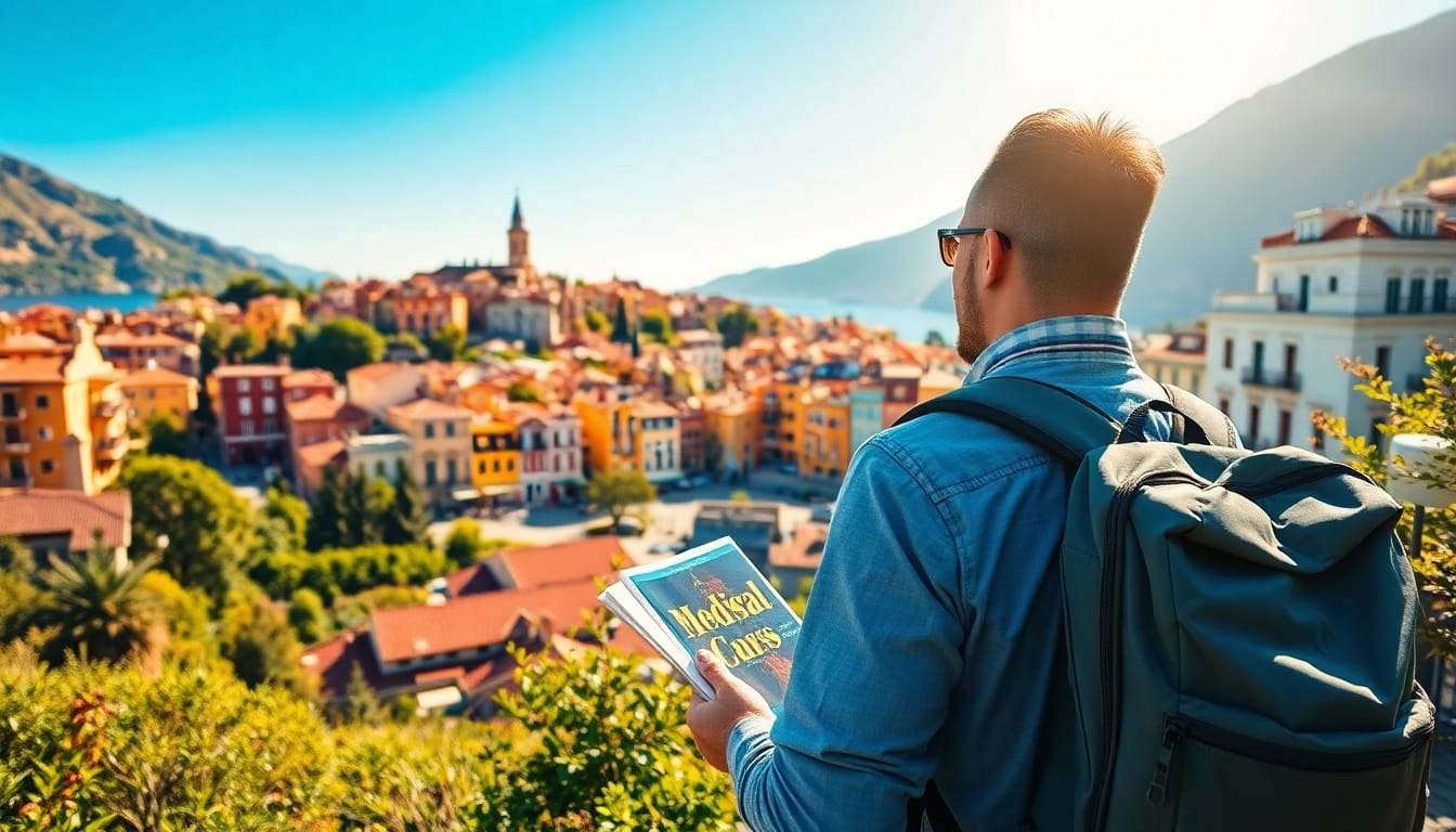 Erkunden Sie Reiseinformationen mit einem Reiseführer in einer malerischen Stadtlandschaft.