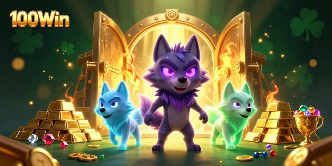 Win big with 100Win as glowing wolves guard treasures in a vibrant casino scene showcasing jackpots.