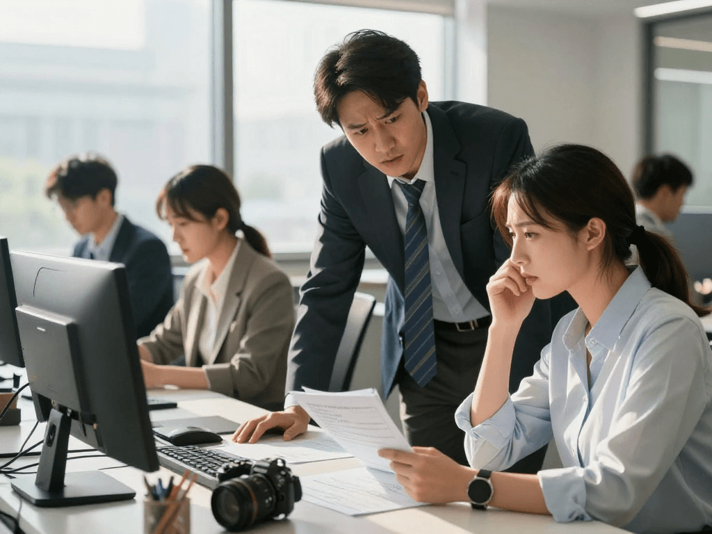 Stress mit Chef: Angespannte Diskussion zwischen Mitarbeiter und Führungskraft in einem modernen Büro.