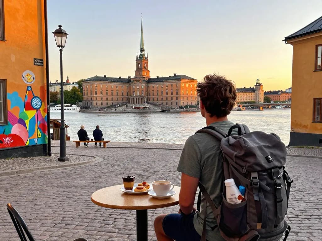 Reisetipps Stockholm Reisender genießt malerische Ausblicke und lokale Cafés während einer Stadterkundung.