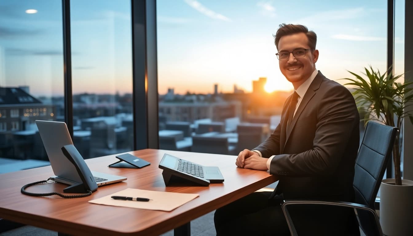 Headhunter Karlsruhe bei der Arbeit in einem modernen Büro mit Stadtansicht.