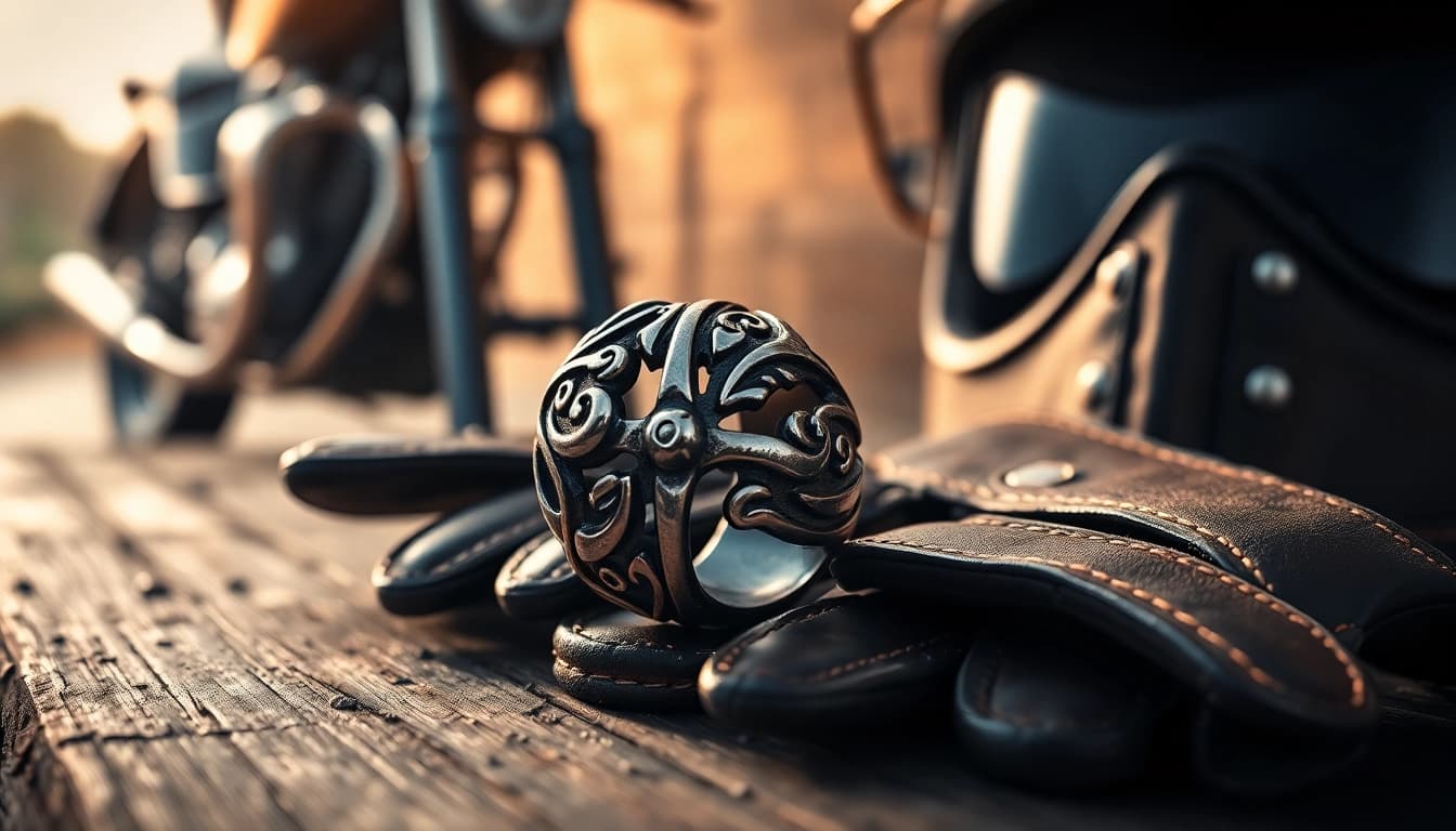 Bikerring elegant auf einem rustikalen Tisch mit Lederhandschuhen