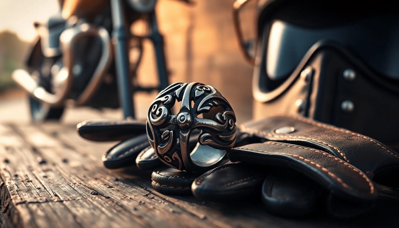 Bikerring elegant auf einem rustikalen Tisch mit Lederhandschuhen