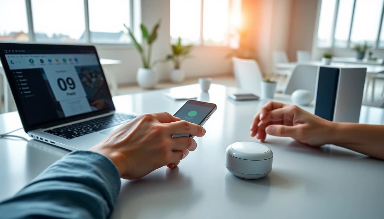 Technik Tipps zur Verbesserung der Technologie im modernen Büro mit Geräten auf einem Schreibtisch.