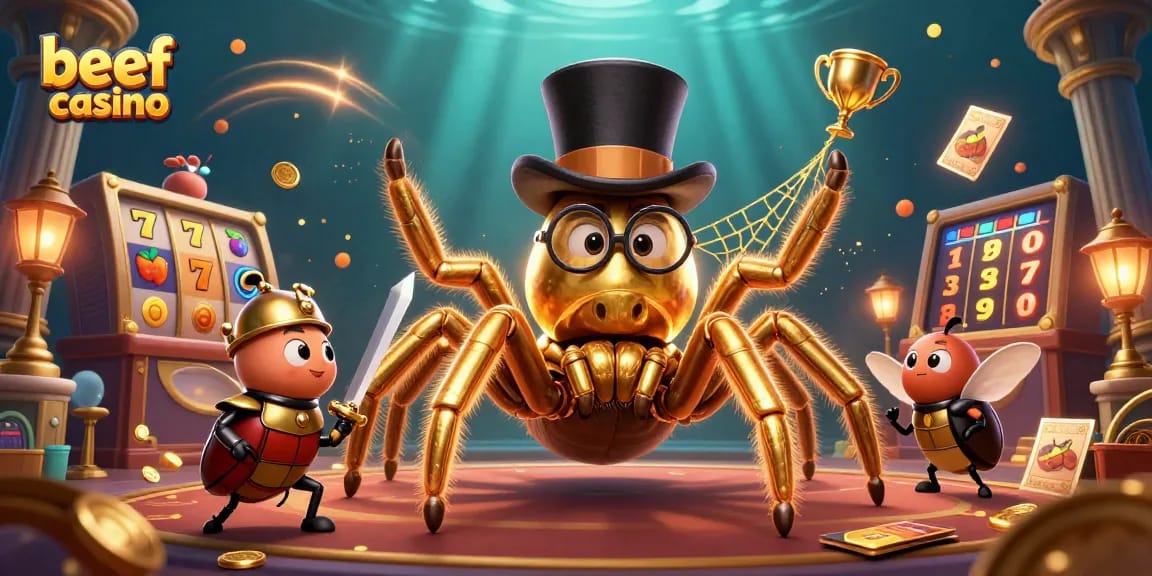 Die aufregende Welt des Beef Casino mit Spielautomaten und Abenteuern in einer dynamischen Illustration.