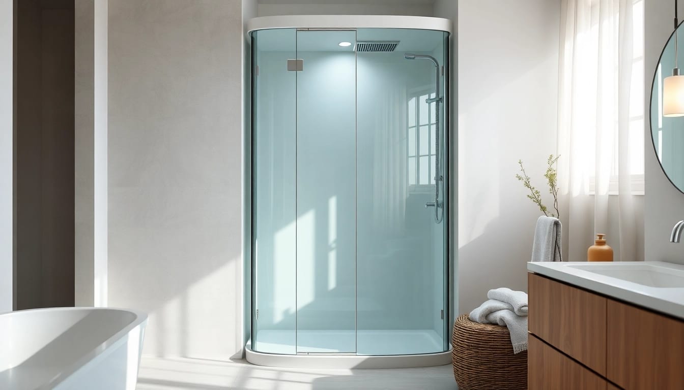 Duschkabine 90x90 komplett in einem modernen Badezimmer mit eleganten Glastüren und gemütlichem Ambiente.