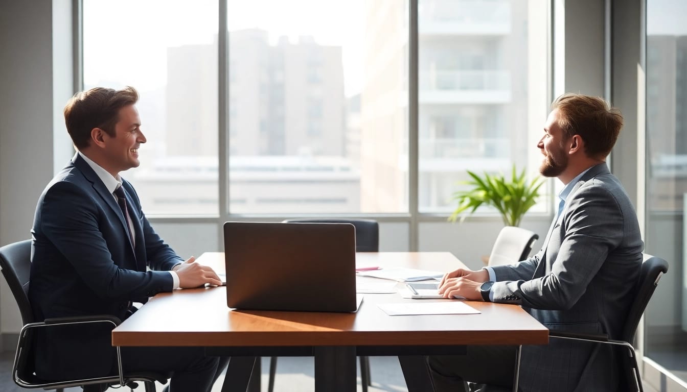 Berater für Personalvermittlung führt ein Gespräch mit einem Bewerber in einem modernen Büro.