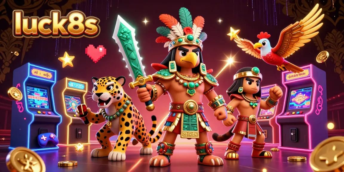 Play exciting games at luck8s casino with vibrant 3D illustrations of warriors and arcade elements