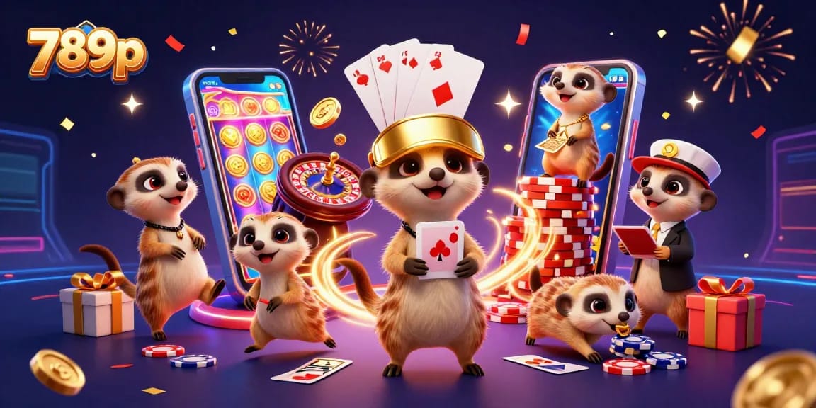 Engage in the exciting world of 789p while cartoon meerkats operate a dynamic casino scene.