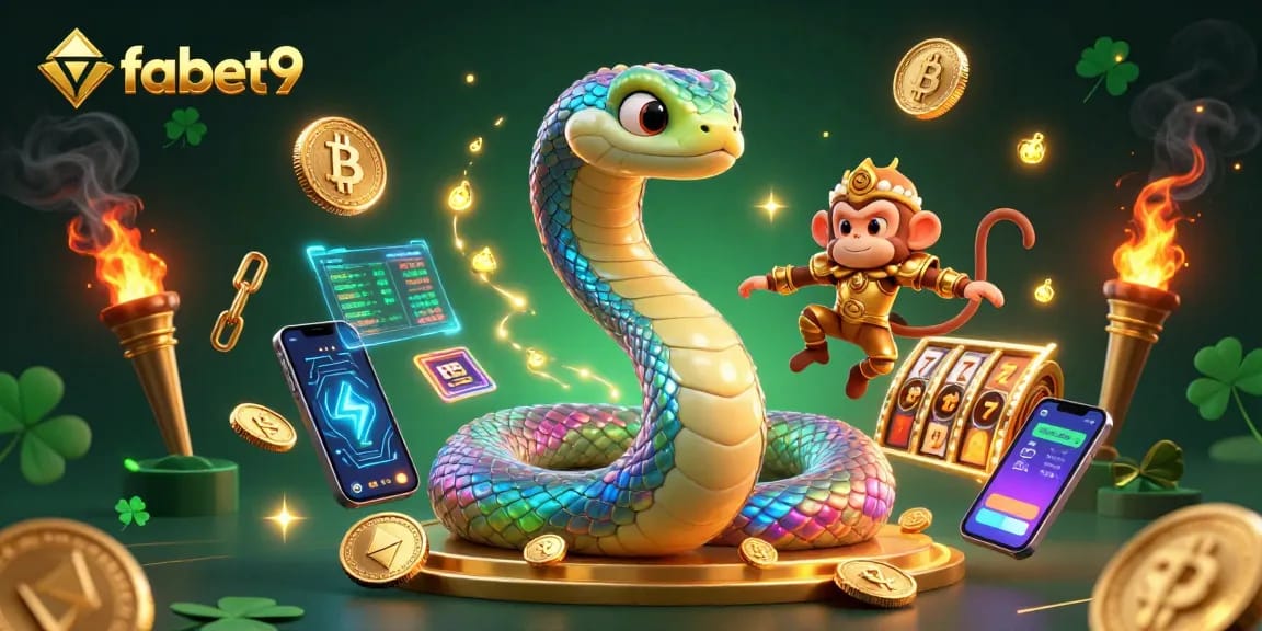 Experience fabet9's vibrant gaming world with energetic characters amidst neon coins and slot reels.