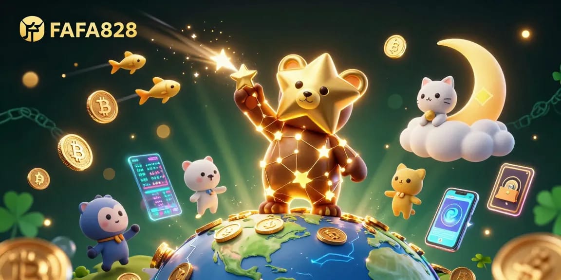 FAFA828 showcases a vibrant illustration of slot games, featuring a constellation bear and crypto elements.