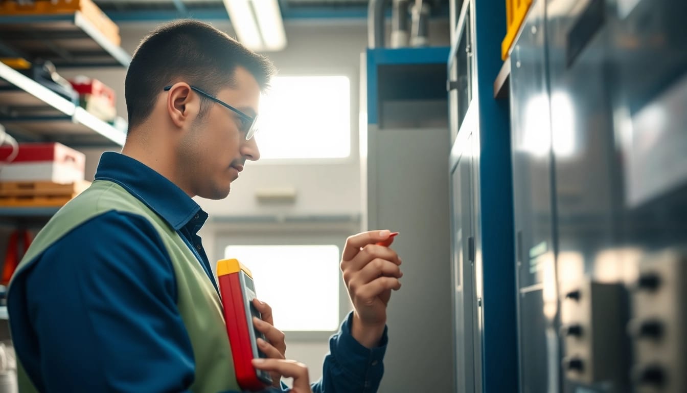 Fachmann bei der Durchführung der DGUV V3 Prüfung, der elektrische Ausrüstung inspiziert und sicherstellt.