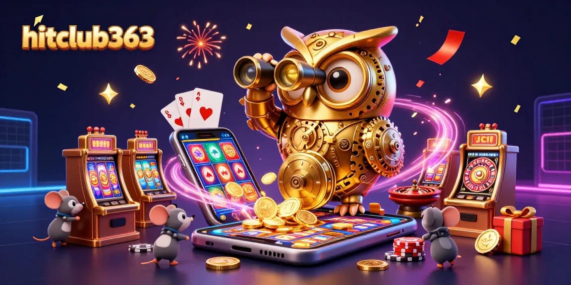 Experience thrilling action at hitclub363 with an owl overseeing vibrant slot games and festive atmosphere.