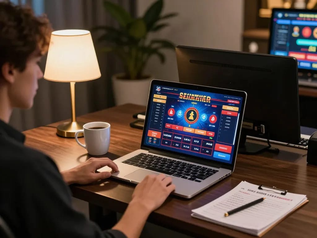 Person engaged in online gambling at a stylish setup, showcasing cloud-africa gaming interface, relaxed atmosphere.