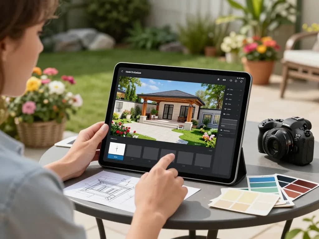Fesselnde Szene eines Nutzers, der einen Veranda 3D Konfigurator auf einem Tablet verwendet, der Technologie mit Außendesign verbindet.